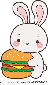 Cute Bunny stock illustration. Funny bunny for sticker elements. 
Bunny hugging a burger