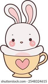 Cute Bunny stock illustration. Funny bunny for sticker elements. 
Bunny in the cup of tea.