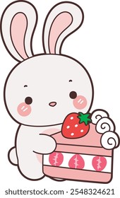 Cute Bunny stock illustration. Funny bunny for sticker elements. 
Bunny bring a strawberry cupcake