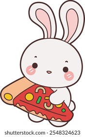 Cute Bunny stock illustration. Funny bunny for sticker elements. 
A bunny bring a pizza