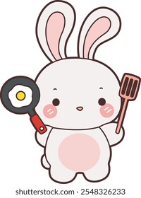 Cute Bunny stock illustration. Funny bunny for sticker elements. 
Bunny bring an eggs and spatula