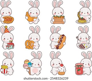 Conejito lindo ilustración de stock. Conejito divertido para Elementos de pegatinas. 
Bunny y sus alimentos ilustraciones