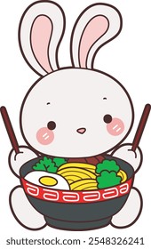 Conejito lindo ilustración de stock. Conejito divertido para Elementos de pegatinas. 
Conejito quiere comer ramen