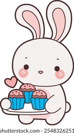 Cute Bunny stock illustration. Funny bunny for sticker elements. 
Bunny bring a three cupcakes
