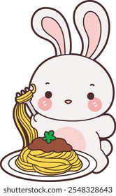 Cute Bunny stock illustration. Funny bunny for sticker elements. Bunny eating a spaghetti