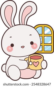 Cute Bunny stock illustration. Funny bunny for sticker elements. Bunny relax with tea