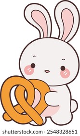 Cute Bunny stock illustration. Funny bunny for sticker elements. Bunny bring a pretzel