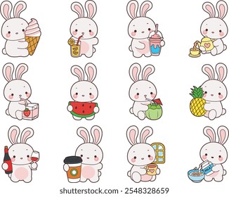 Nette Bunny Stockgrafik. Lustiger Hase für Aufkleberelemente. Hase in der Variation von frischem Getränk und Obst