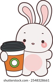 Cute Bunny stock illustration. Funny bunny for sticker elements. Bunny bring a cup of coffee