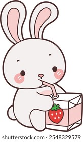 Cute Bunny stock illustration. Funny bunny for sticker elements. Bunny drinking a strawberry milk