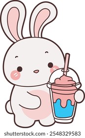 Bonito Bunny ilustração stock. Coelhinho engraçado para elementos adesivos. Bunny traga um milkshake de morango