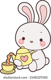 Cute Bunny stock illustration. Funny bunny for sticker elements. Bunny pouring a tea into cup