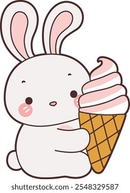 Cute Bunny stock illustration. Funny bunny for sticker elements. Bunny eating an ice cream