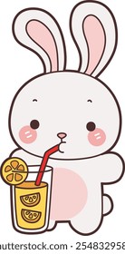 Cute Bunny stock illustration. Funny bunny for sticker elements. Bunny drinking an orange juice