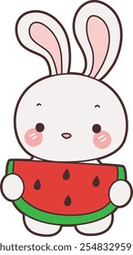 Cute Bunny stock illustration. Funny bunny for sticker elements. Bunny bring a watermelon