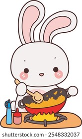 Cute Bunny stock illustration. Funny bunny for sticker elements. Bunny cooking a fried rice