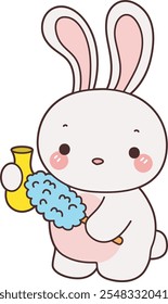 Cute Bunny stock illustration. Funny bunny for sticker elements. Bunny cleaning the vase with feather duster