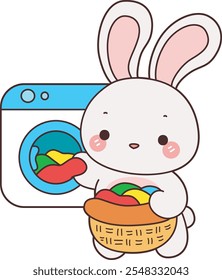 Cute Bunny stock illustration. Funny bunny for sticker elements. Bunny was a laundr with washing machine