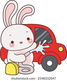 Cute Bunny stock illustration. Funny bunny for sticker elements. Bunny washing a car