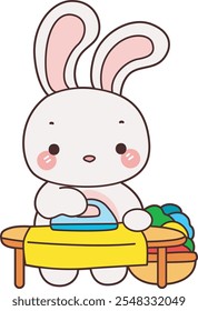 Cute Bunny stock illustration. Funny bunny for sticker elements. Bunny ironing a lot of clothes