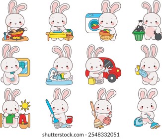 Cute Bunny stock illustration. Funny bunny for sticker elements. Bunny in the variation of chores and housekeeping