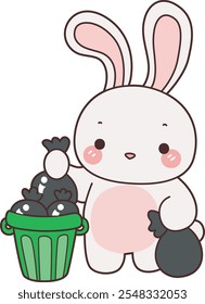 Cute Bunny stock illustration. Funny bunny for sticker elements. Bunny throw the trash to the garbage