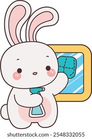 Cute Bunny stock illustration. Funny bunny for sticker elements. Bunny wipe the window