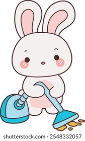 Cute Bunny stock illustration. Funny bunny for sticker elements. Bunny cleaning the floor with vacuum cleaner