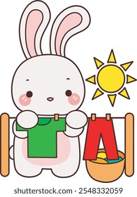 Cute Bunny stock illustration. Funny bunny for sticker elements. Bunny dry and clean the clothes