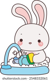 Bonito Bunny ilustração stock. Coelhinho engraçado para elementos adesivos. Coelho lavando uma placa e copos na pia