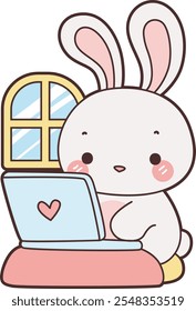 Cute Bunny stock illustration. Funny bunny for sticker elements. Bunny typing in the notepad