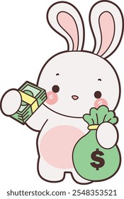 Cute Bunny stock illustration. Funny bunny for sticker elements. Bunny bring a lot of money