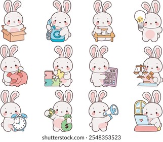 Cute Bunny stock illustration. Funny bunny for sticker elements. Bunny in the variation of idea and hard work.