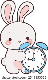 Cute Bunny stock illustration. Funny bunny for sticker elements. Bunny bring an alarm clock