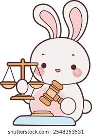 Cute Bunny stock illustration. Funny bunny for sticker elements. Bunny bring a scales and hammer