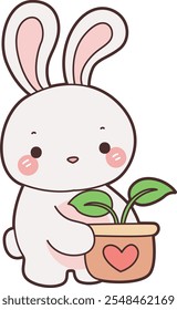 Cute Bunny stock illustration. Funny bunny for sticker elements. Bunny bring a plant