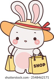 Conejito lindo ilustración de stock. Conejito divertido para Elementos de pegatinas. Conejito quiere ir de compras