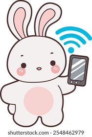 Cute Bunny stock illustration. Funny bunny for sticker elements. Bunny with handphone find the signal internet