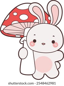 Cute Bunny stock illustration. Funny bunny for sticker elements. Bunny with mushroom