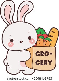 Cute Bunny stock illustration. Funny bunny for sticker elements. Bunny bring a grocery bag