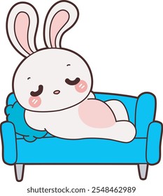 Cute Bunny stock illustration. Funny bunny for sticker elements. Bunny lay in the couch