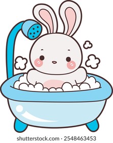 Cute Bunny stock illustration. Funny bunny for sticker elements. Bunny take a bath in the bathub