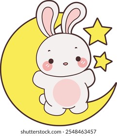 Cute Bunny stock illustration. Funny bunny for sticker elements. Bunny in the moon and stars