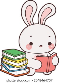 Cute Bunny stock illustration. Funny bunny for sticker elements. Bunny reading a book