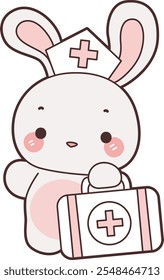 Cute Bunny stock illustration. Funny bunny for sticker elements. Bunny is a nurse and bring a first aid kit