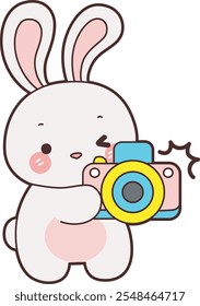 Cute Bunny stock illustration. Funny bunny for sticker elements. Bunny take a photo with camera