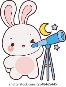 Conejito lindo ilustración de stock. Conejito divertido para Elementos de pegatinas. Conejito ver la luna con el telescopio