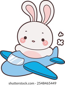 Cute Bunny stock illustration. Funny bunny for sticker elements. Bunny travelling with plane