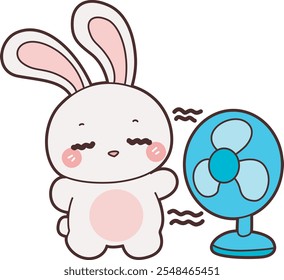 Nette Bunny Stockgrafik. Lustiger Hase für Aufkleberelemente. Bunny in der Luft des Ventilators