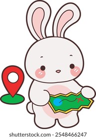 Cute Bunny stock illustration. Funny bunny for sticker elements. Bunny find the location with map